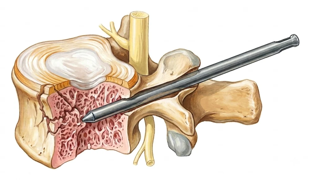 Ilustración de una vértebra lumbar con fractura, seccionada para mostrar el hueso esponjoso, y un trocar que accede al cuerpo vertebral a través del pedículo