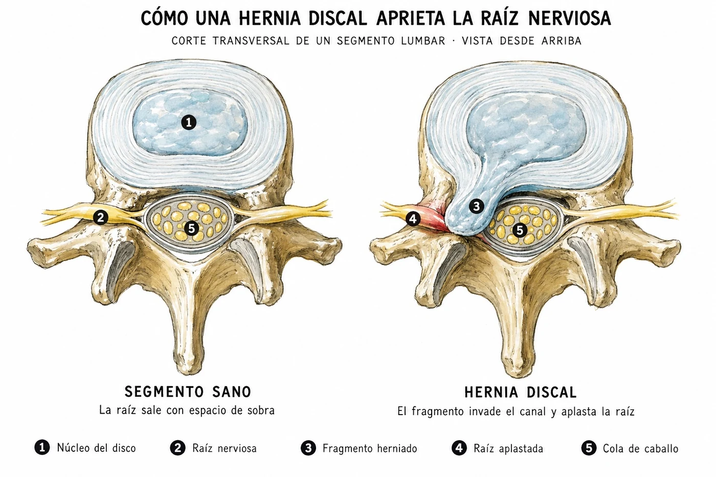 Corte transversal comparativo de un segmento lumbar sano y uno con hernia discal comprimiendo la raíz nerviosa