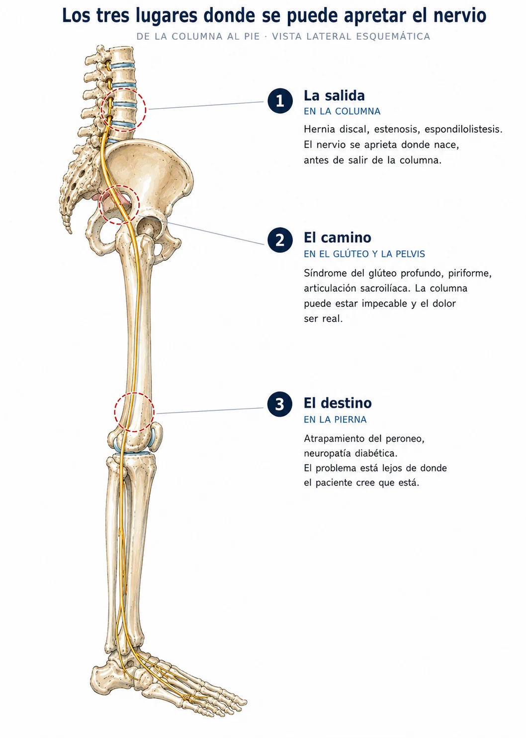 Ilustración anatómica del trayecto del nervio ciático señalando los tres lugares donde se puede comprimir: la columna lumbar, el glúteo y la pelvis, y la pierna