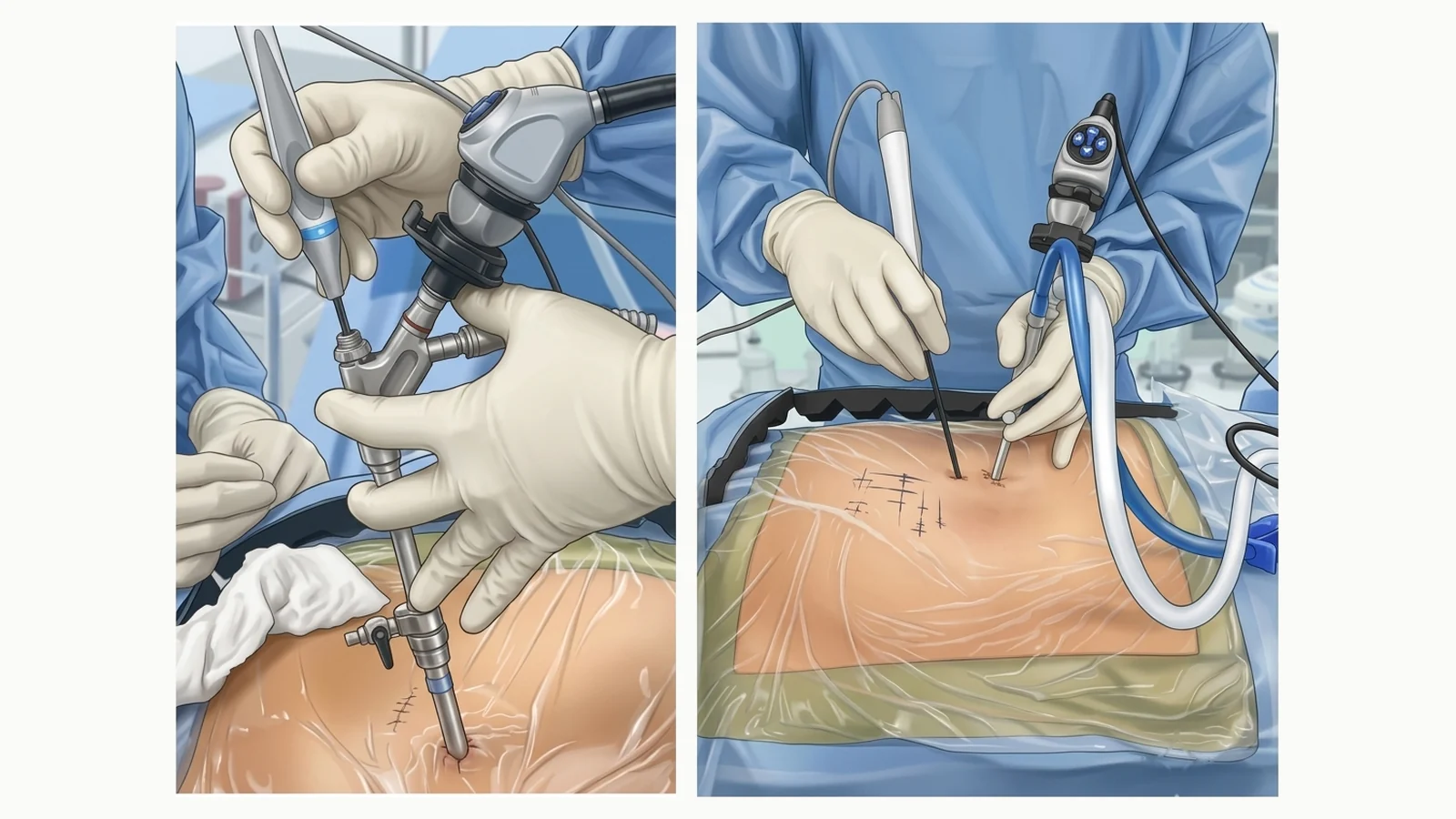 Ilustración de dos cirugías endoscópicas de columna: a la izquierda un solo endoscopio por una incisión mínima (uniportal), a la derecha cámara e instrumental por dos incisiones (biportal)