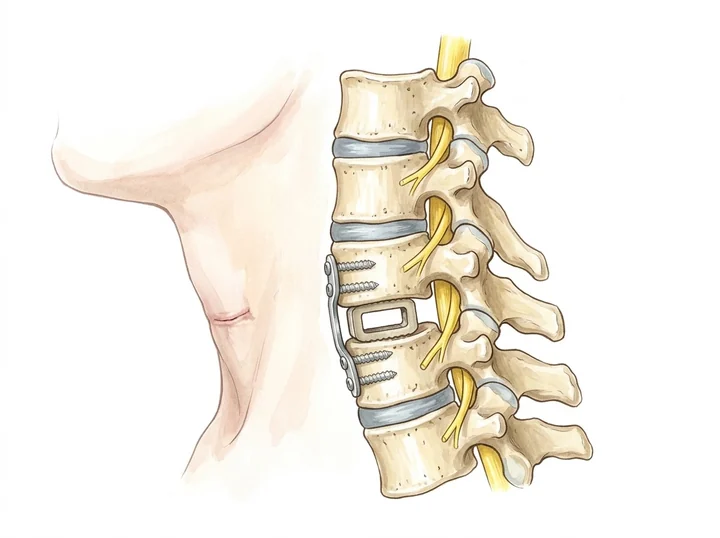 Columna cervical de perfil con una jaula entre dos vértebras y una placa anterior con tornillos; en el cuello, una pequeña cicatriz en un pliegue de la piel