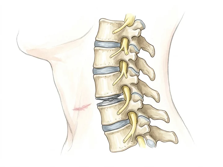 Columna cervical de perfil con una prótesis de disco entre dos vértebras, formada por dos platillos metálicos y un núcleo central; en el cuello, una pequeña cicatriz en un pliegue de la piel