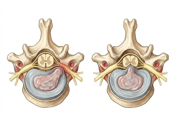 Dos cortes transversales de una vértebra cervical: a la izquierda una hernia lateral que aprieta una raíz nerviosa; a la derecha una hernia central que comprime la médula espinal