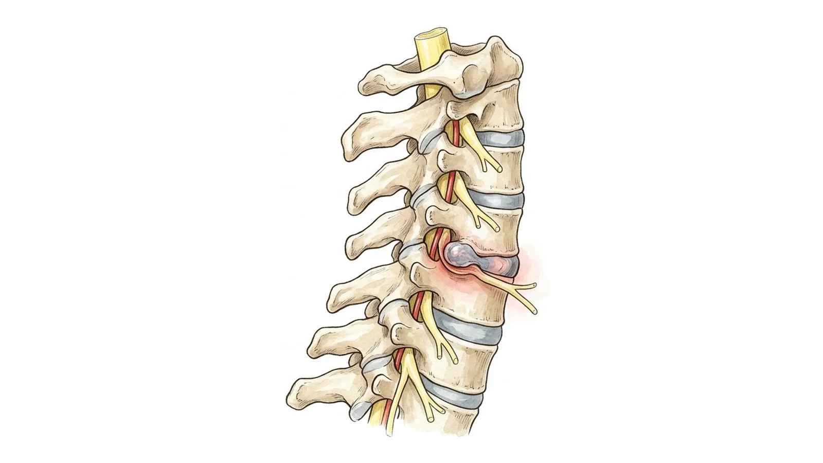 Ilustración de la columna cervical de perfil con una hernia discal en C5-C6 que comprime una raíz nerviosa, marcada en rojo
