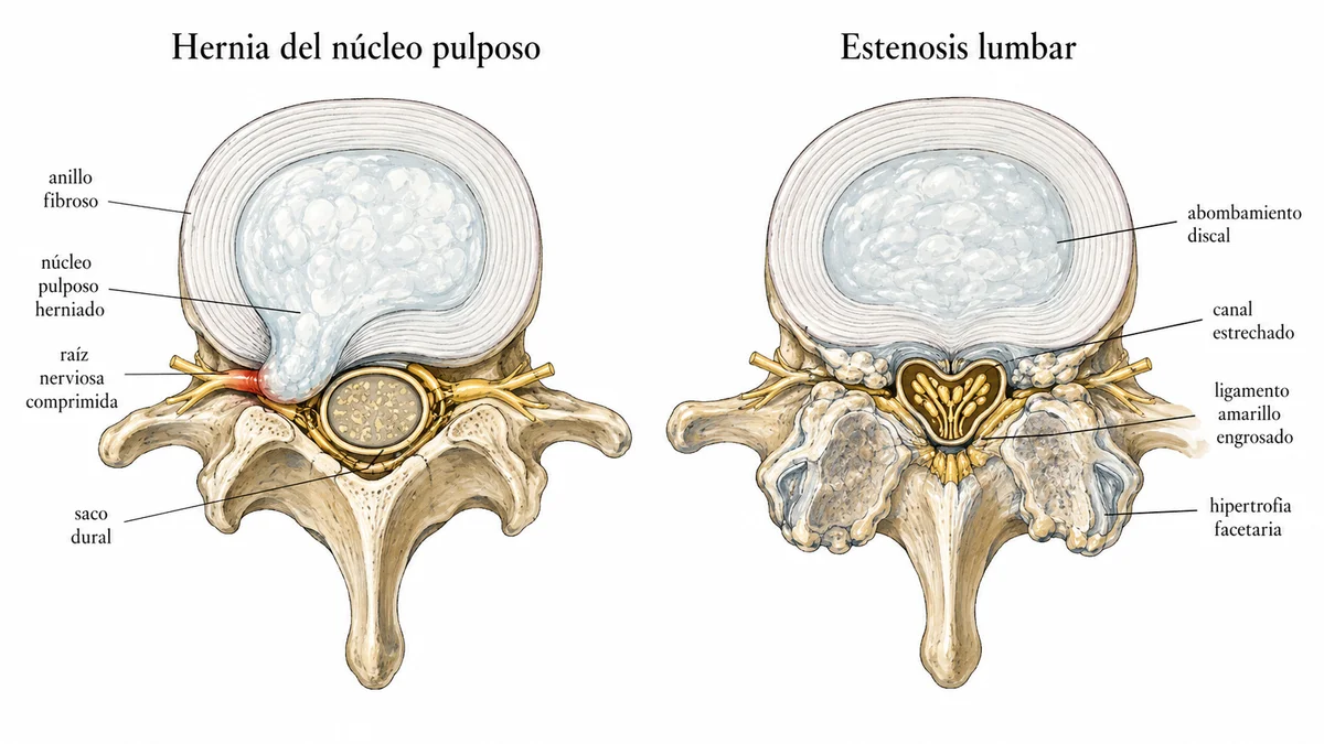 Ilustración estilo atlas anatómico comparando una hernia del núcleo pulposo que comprime una raíz nerviosa con una estenosis lumbar que estrecha todo el canal
