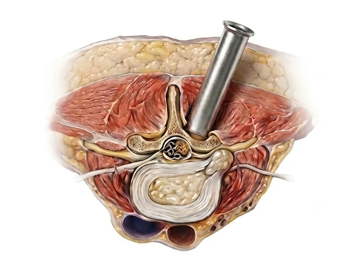 Corte transversal de la columna lumbar: un tubo de trabajo atraviesa el músculo y se apoya sobre la lámina, junto a una hernia discal