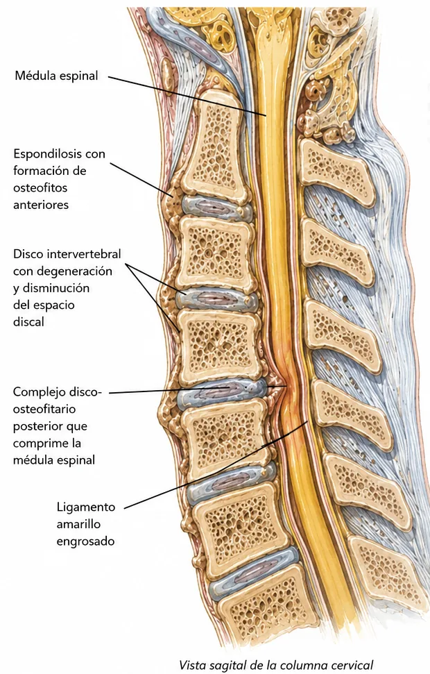 Vista sagital de la columna cervical: el complejo disco-osteofitario posterior y el ligamento amarillo engrosado comprimen la médula espinal.